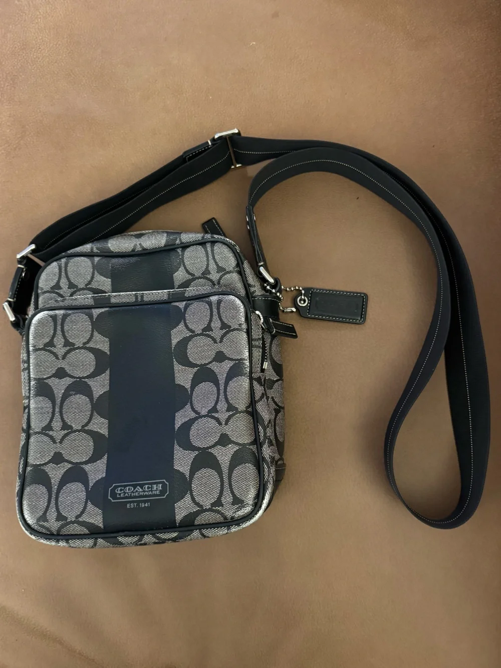 Coach Men’s Signature Messenger Bag in Black and Gray